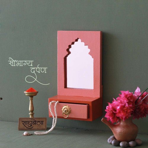 Saubhagya Darpan- Mini Dressing Unit- Wall Decor Wooden Mirror Chest - Pink