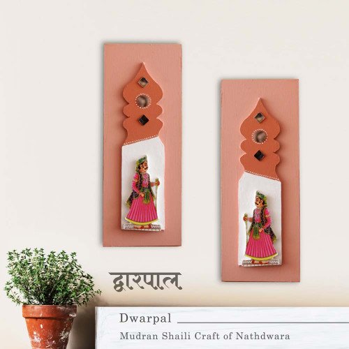 Dwarpal- Gatekeeper- Mudran Shaili Wall Decor Panel- Pink- Set of 2