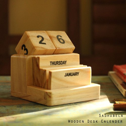 Desk Calendar - Natural Wooden Endless Calendar -Flip 'n' Lift Dices and Slices