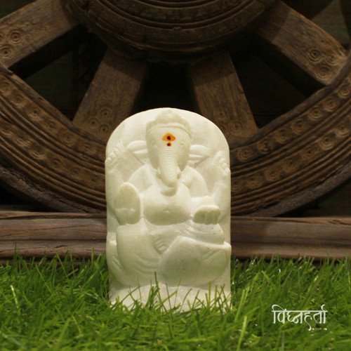 Vighnaharta- Makrana White Stone Craft Shree Ganesha Idol